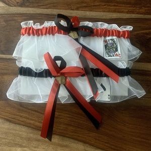 Red Black Satin Las Vegas Queen Ace Card Gold Charm Mesh Stretch Garter Band Set